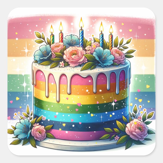 Rainbow Cake Happy Birthday Square Sticker (Front)