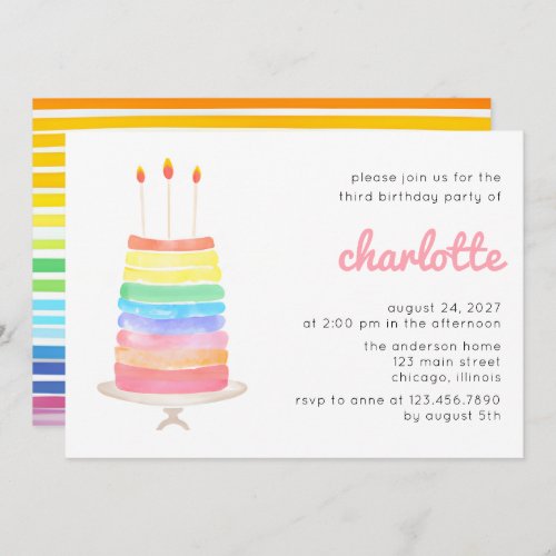 Rainbow Cake Kids Birthday Party Invitation