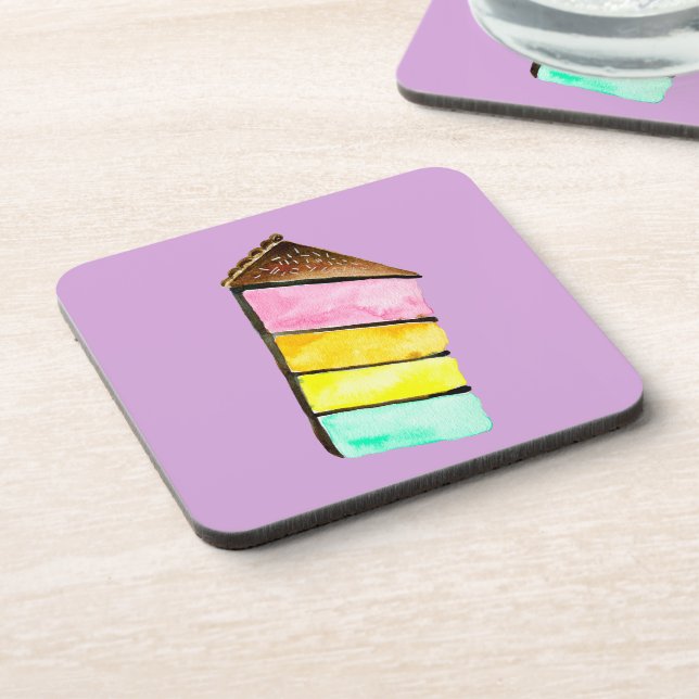 Rainbow cake yum watercolor cute art beverage coaster (Left Side)