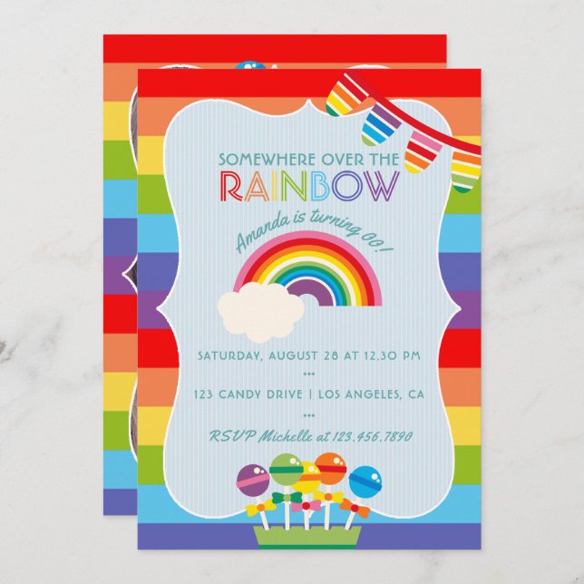 Rainbow Candy Birthday Party add photo invitation (Front/Back)