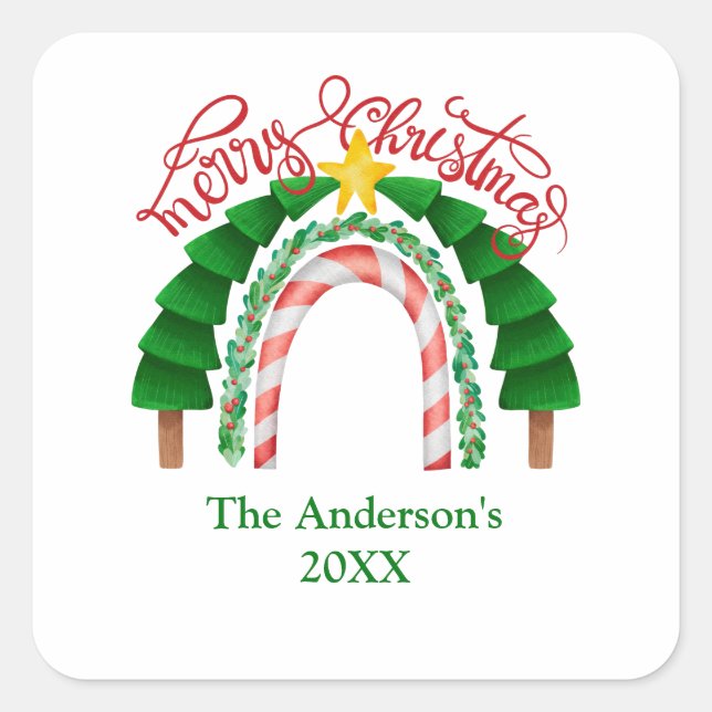  Rainbow Candy Cane Red Green Christmas Trees  Square Sticker (Front)
