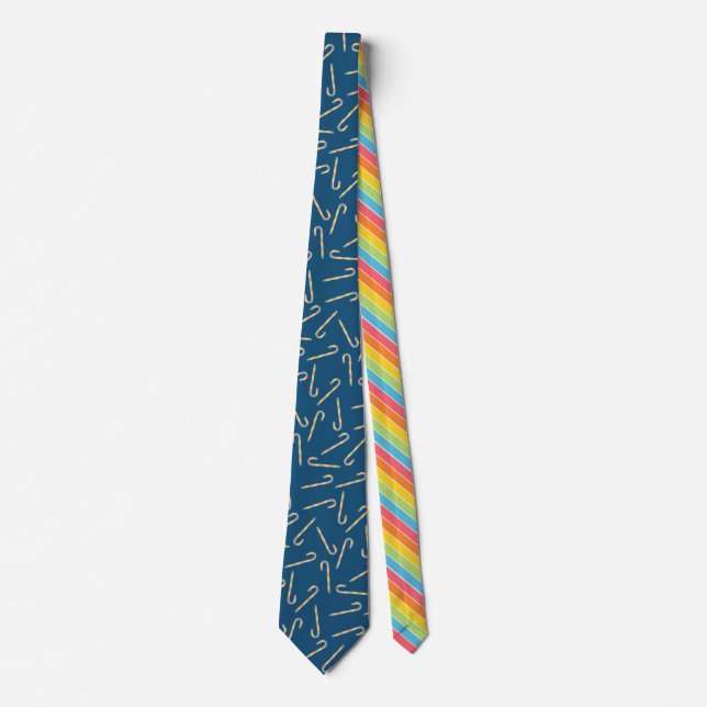 Rainbow Candy Canes Dark Blue Christmas Neck Tie (Front)