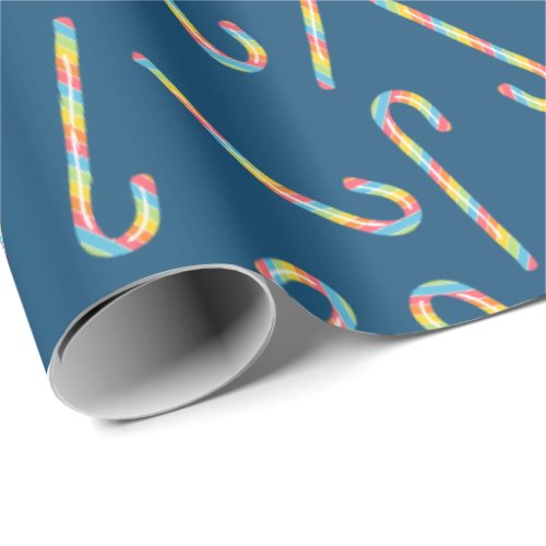 Rainbow Candy Canes Dark Blue Christmas  Wrapping Paper