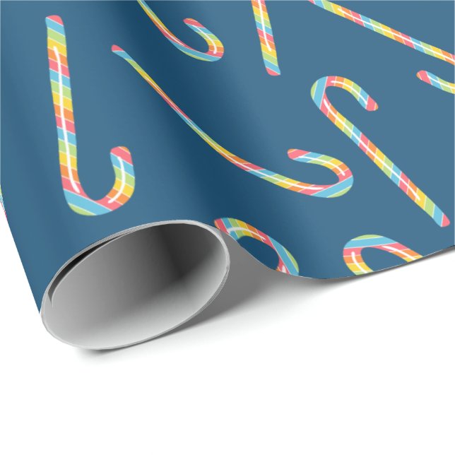 Rainbow Candy Canes Dark Blue Christmas  Wrapping Paper (Roll Corner)