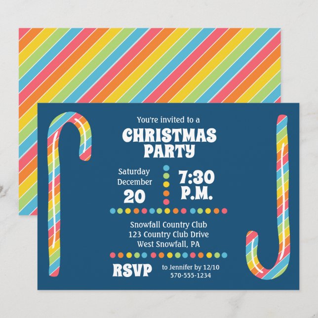 Rainbow Candy Canes Navy Blue Christmas Party Invitation (Front/Back)