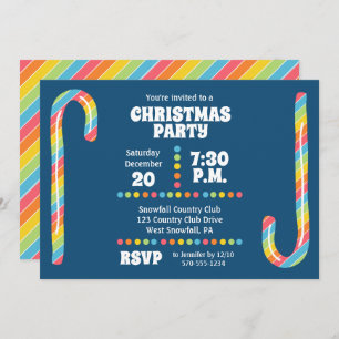 Rainbow Candy Canes Navy Blue Christmas Party Invitation