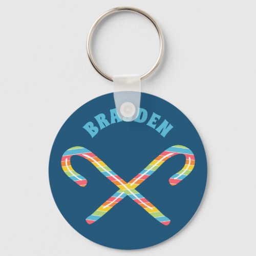 Rainbow Candy Canes Personalized Christmas Keychain