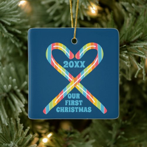 Rainbow Candy Canes Personalized First Christmas Ceramic Ornament