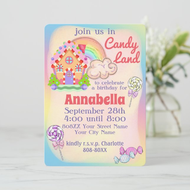 Rainbow Candy Land Party Invitation (Standing Front)