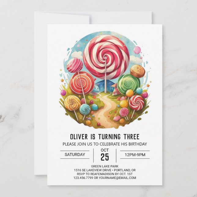  Rainbow Candy Lollipop Birthday Invitation (Front)
