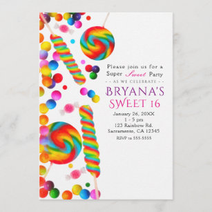 Rainbow Candy Sweet Birthday Party Invitations