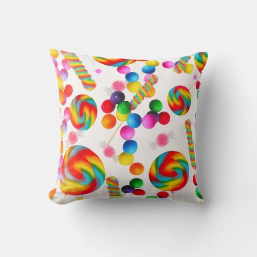 Rainbow Candy Sweets Candyland Lollipops Colorful Throw Pillow
