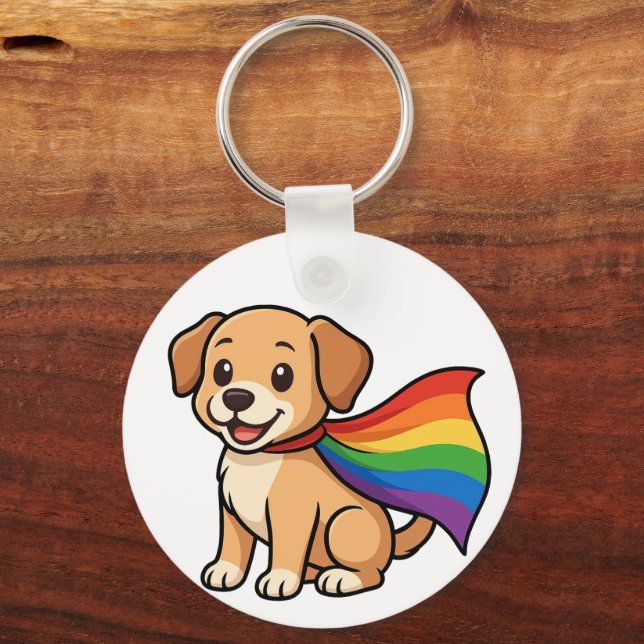 Rainbow Cape Puppy – LGBTQ++ Pride Design Keychain (Front)