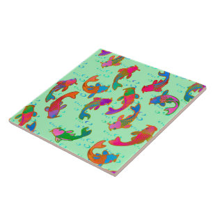Rainbow Carp Dancing in the Rain Ceramic Tile