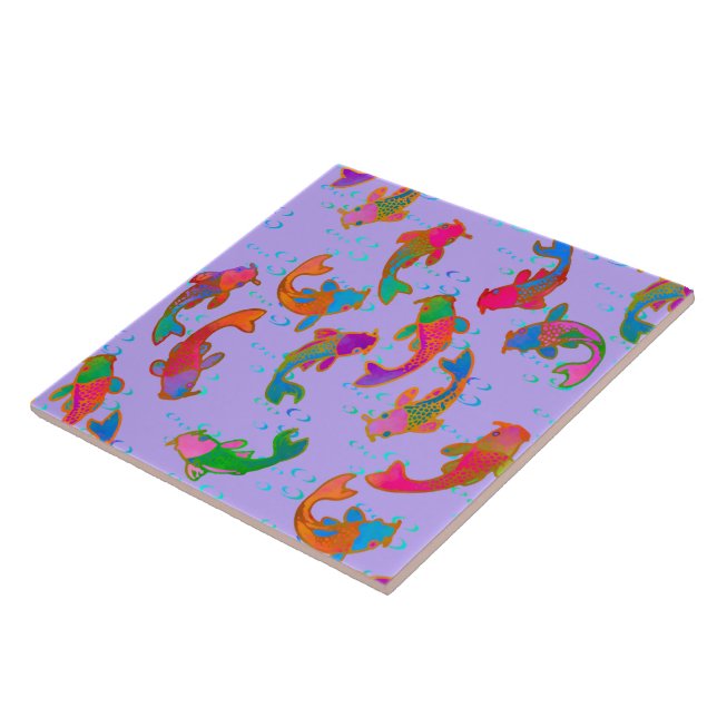 Rainbow Carp Dancing in the Rain Lilac Ceramic Tile (Side)