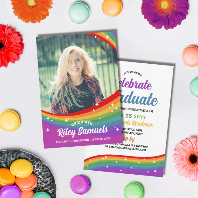 Rainbow Cartoon Sparkles Photo Graduation Invitation | Zazzle