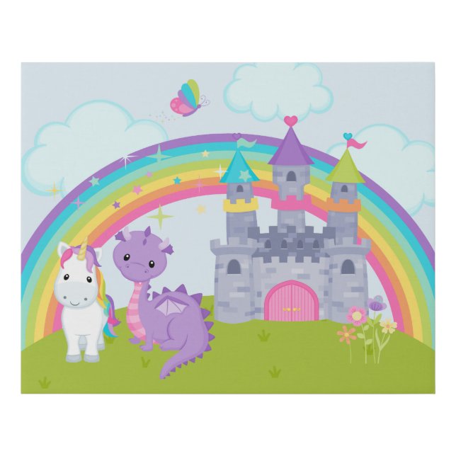 Rainbow Castle Cartoon Dragon and Unicorn Faux Canvas Print (Front)