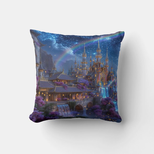 Rainbow Castle Night Throw Pillow (Front)