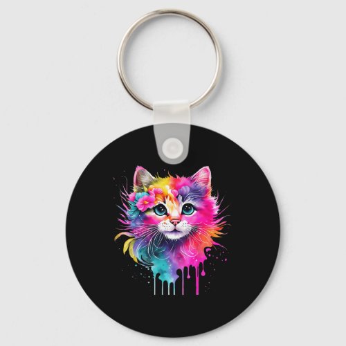 Rainbow Cat A Watercolor Paint Colorful Flowers Cu Keychain