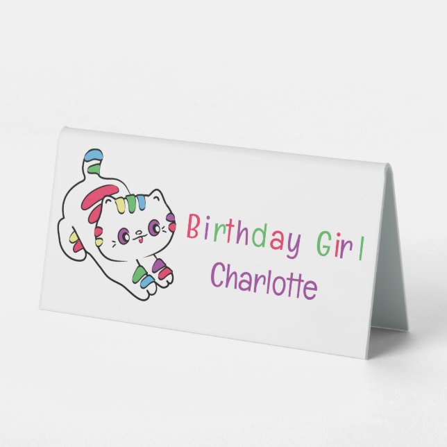 Rainbow Cat Cartoon Birthday Party Girl Name Table Tent (Front)