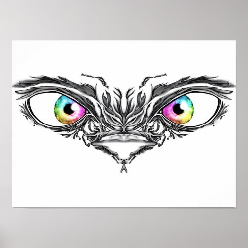 Rainbow cat eyes black and white line art drawing poster
