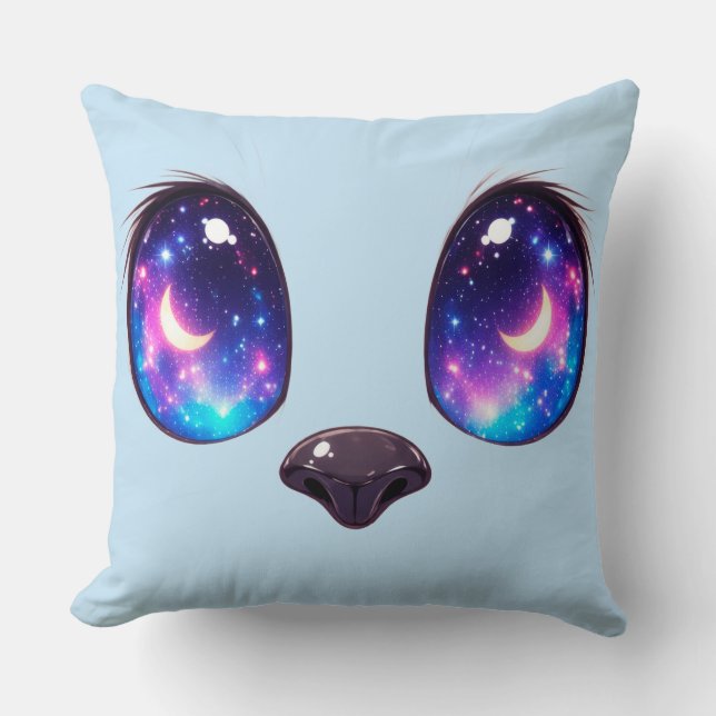Rainbow Cat Eyes Kawaii Cat Face Illustration Throw Pillow (Front)