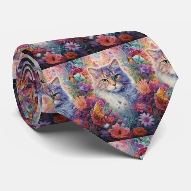 Rainbow Cat Flowers Boho Neck Tie (Rolled)