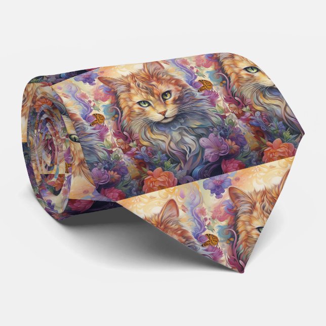 Rainbow Cat Flowers Butterfly Boho Neck Tie (Rolled)