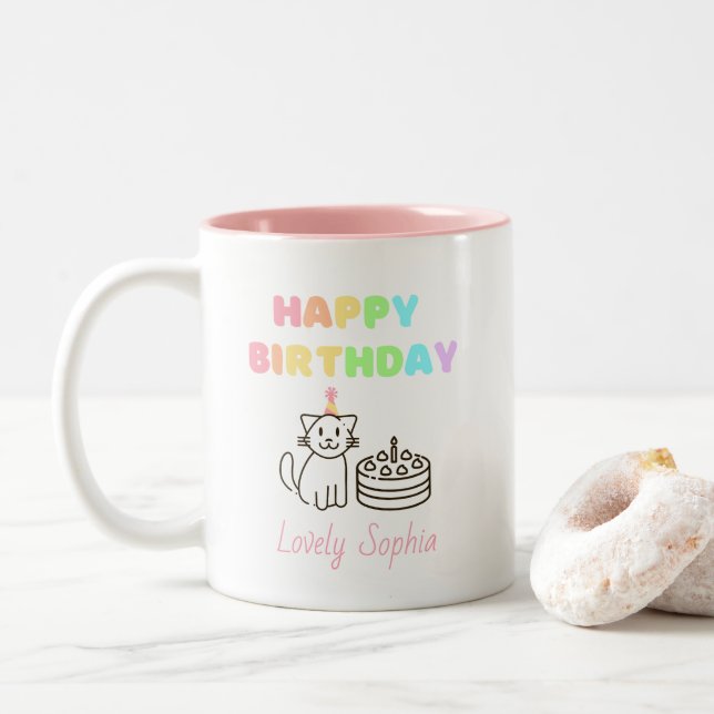 Rainbow&Cat Happy Birthday Two-Tone Coffee Mug (With Donut)