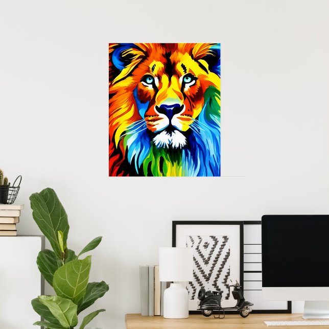 Rainbow Cat Lion Poster - Fantasy Digital Art Prin (Home Office)