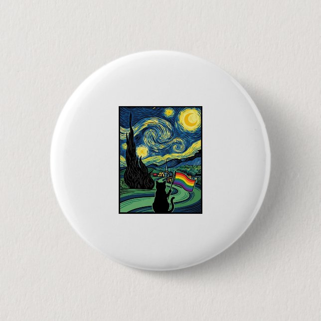 Rainbow Cat Night Landscape Vector Shirt Design_1 Button (Front)