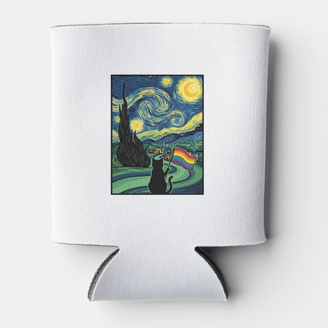 Rainbow Cat Night Landscape Vector Shirt Design_1 Can Cooler (Front)