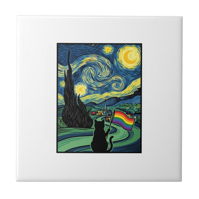 Rainbow Cat Night Landscape Vector Shirt Design_1 Ceramic Tile (Front)