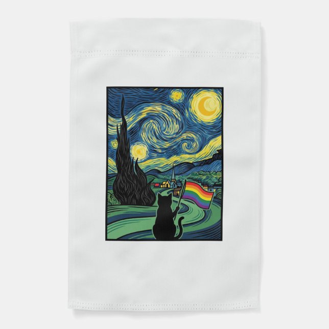 Rainbow Cat Night Landscape Vector Shirt Design_1 Garden Flag (Front)