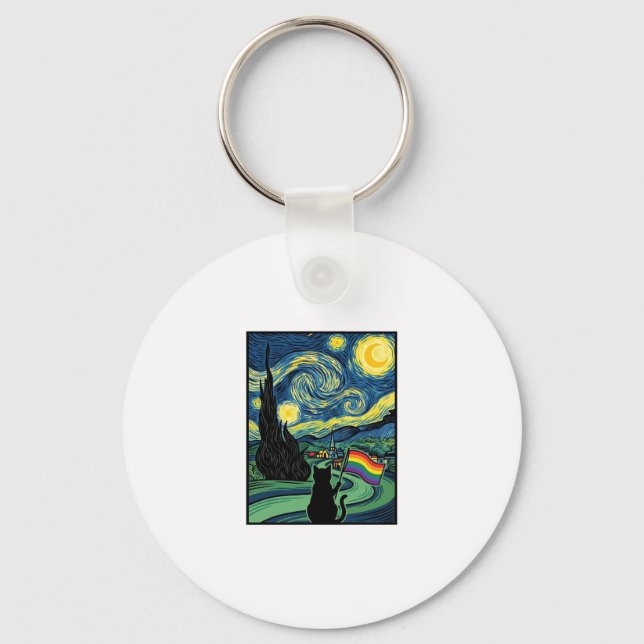 Rainbow Cat Night Landscape Vector Shirt Design_1 Keychain (Front)