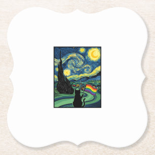 Rainbow Cat Night Landscape Vector Shirt Design_1 Paper Coaster
