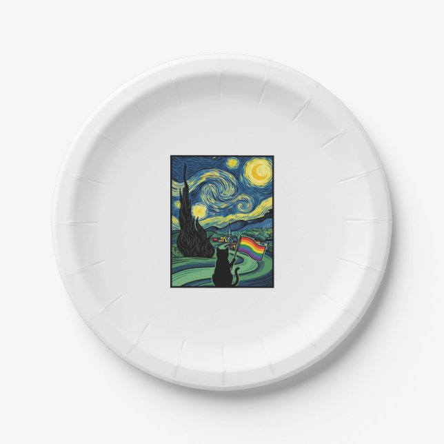Rainbow Cat Night Landscape Vector Shirt Design_1 Paper Plates (Front)