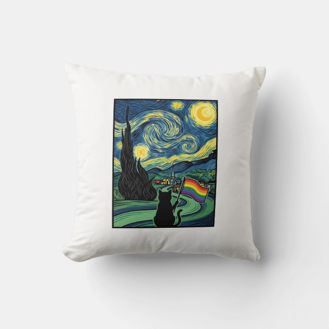 Rainbow Cat Night Landscape Vector Shirt Design_1 Throw Pillow (Front)