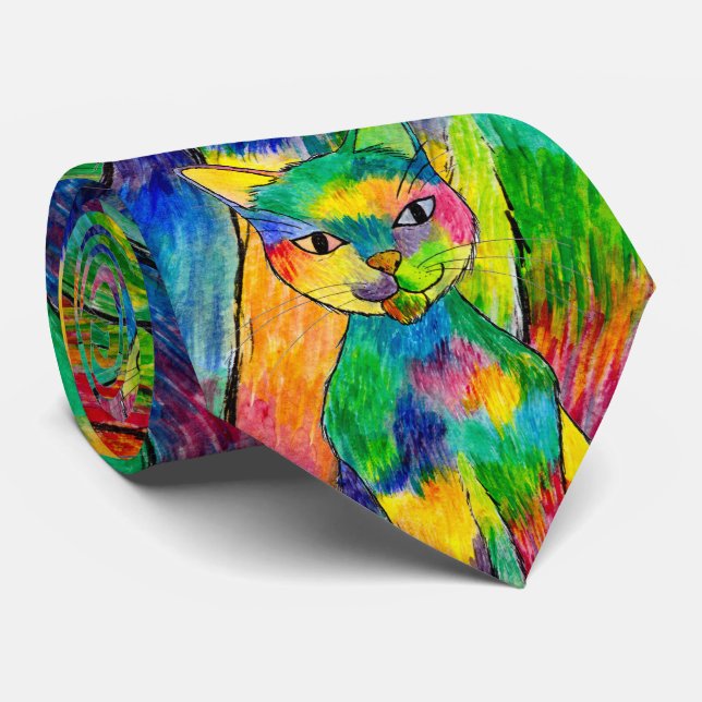Rainbow Cat Pattern Tie (Rolled)