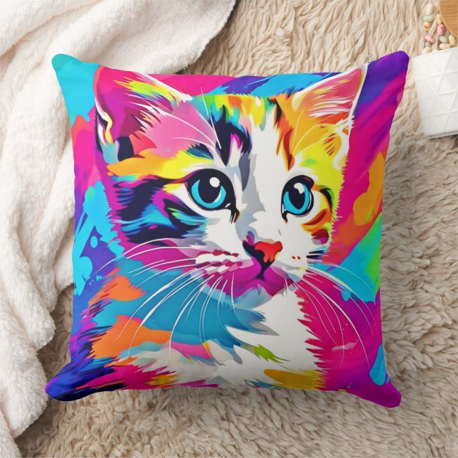 Rainbow Cat: Vivid Portrait Throw Pillow (Blanket)