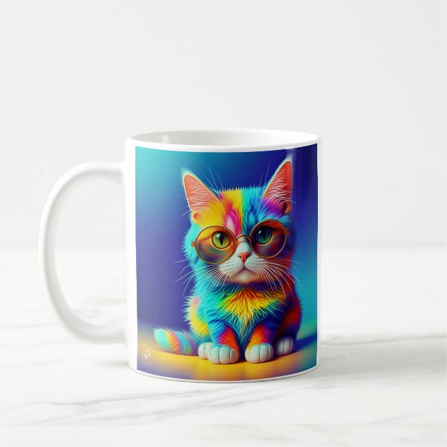 Rainbow Cat With Glasses Portrait-47567 Coffee Mug (Left)