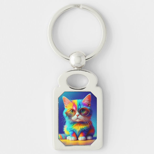 Rainbow Cat With Glasses Portrait-47567 Keychain (Front)
