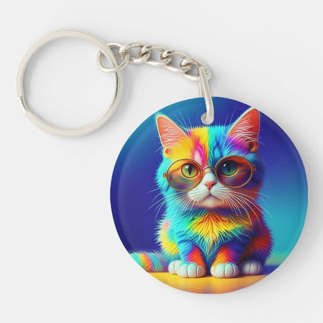 Rainbow Cat With Glasses Portrait-47567 Keychain (Front)