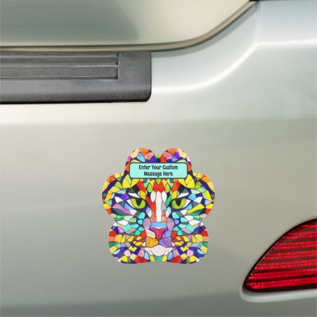 Rainbow Cat with Green Eyes Own Message Paw Shaped Car Magnet (In Situ)