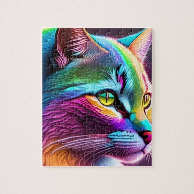 Rainbow Cat With Neon Lights, Colorful Cat Jigsaw Puzzle (Vertical)