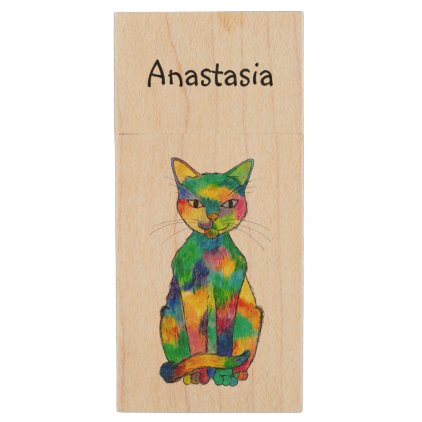 Rainbow Cat Wood USB Flash Drive