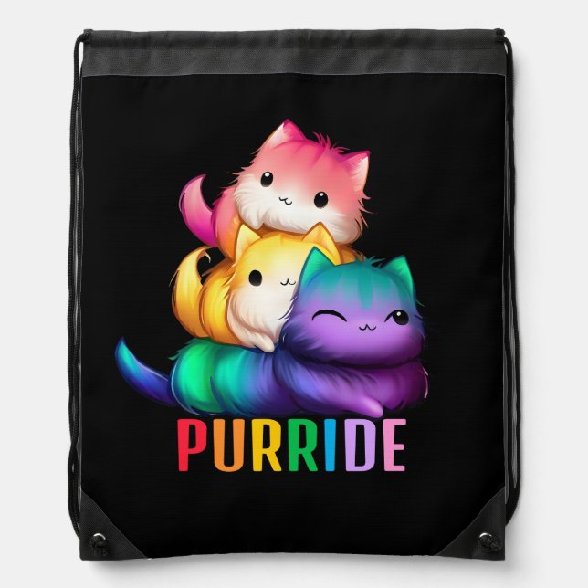 Rainbow Cats Purride Black Drawstring Bag (Front)