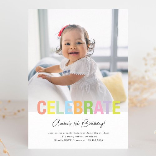 Rainbow Celebrate Photo Birthday Party Invite
