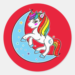 Rainbow Celestial Blue Moon & Stars Unicorn Classic Round Sticker