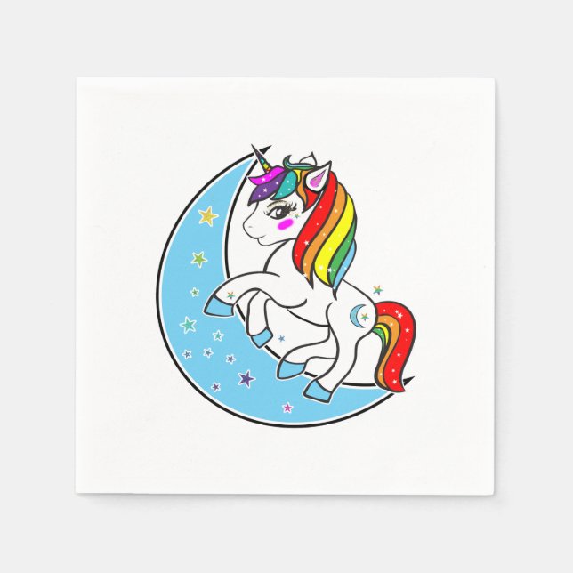 Rainbow Celestial Blue Moon & Stars Unicorn Napkins (Front)